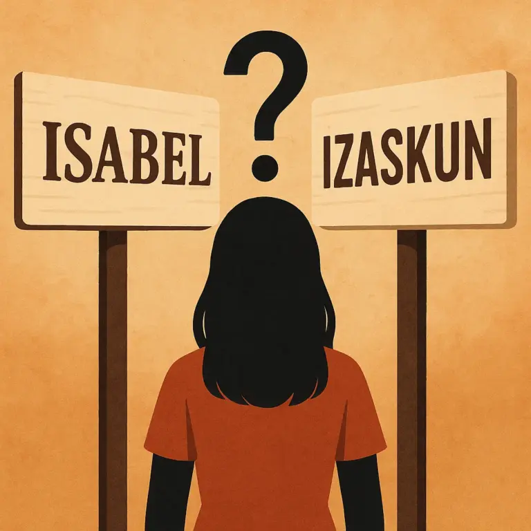 Una mujer de espaldas frente a dos letreros de madera con los nombres “Isabel” e “Izaskun”, separados por un signo de interrogación.