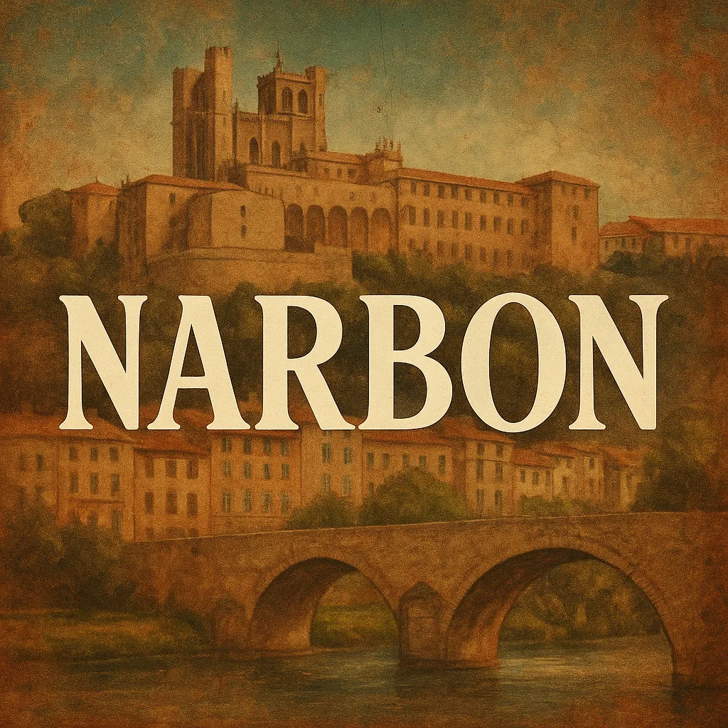 Diseño digital con la palabra “NARBON” en letras grandes sobre un fondo que representa una ciudad medieval europea con puente de piedra y arquitectura gótica.