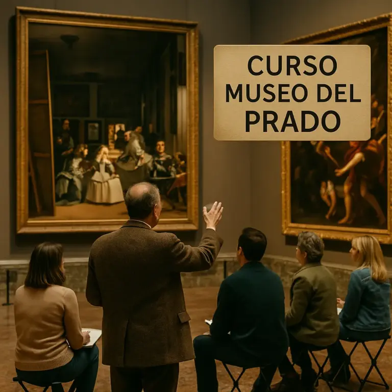 Una clase de arte en el Museo del Prado con un profesor guiando a estudiantes sentados frente a la pintura "Las Meninas" de Velázquez.