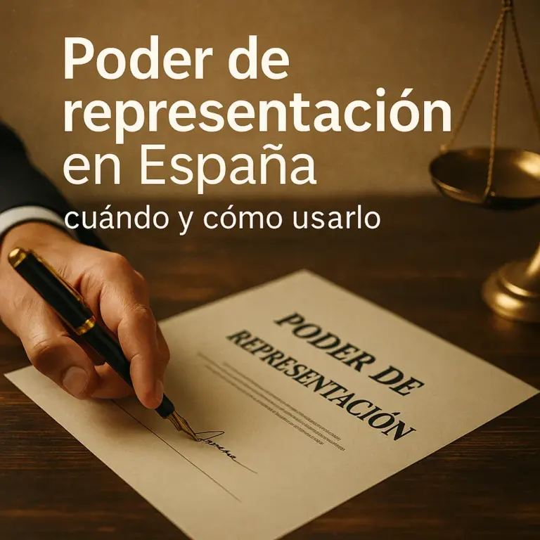 Primer plano de una mano firmando un documento titulado "Poder de representación", con una balanza dorada desenfocada al fondo sobre una mesa de madera.