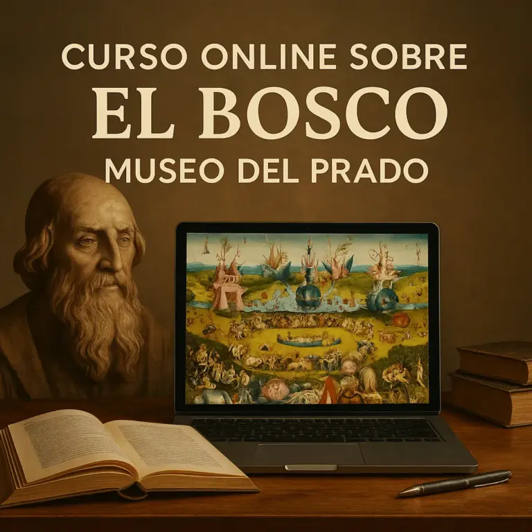Imagen promocional del curso en línea «El Bosco en el Museo del Prado» que muestra un ordenador portátil con el cuadro del Bosco, un libro abierto y un busto clásico.