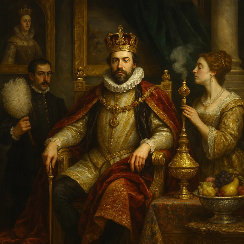 Monarca español de estilo barroco en un trono dorado con incienso y asistentes reales, símbolo de las expresiones sensoriales del poder en la España de principios de la Edad Moderna. The image must be generated in 1024×1024 resolution to maintain consistency across all posts. Save the image in WebP format and provide a direct download link to the file. Rename the file to reflect the article’s topic appropriately. Additionally, write an alt text for the image in the following language: (English). You may replace the language inside the parentheses depending on the required localization.